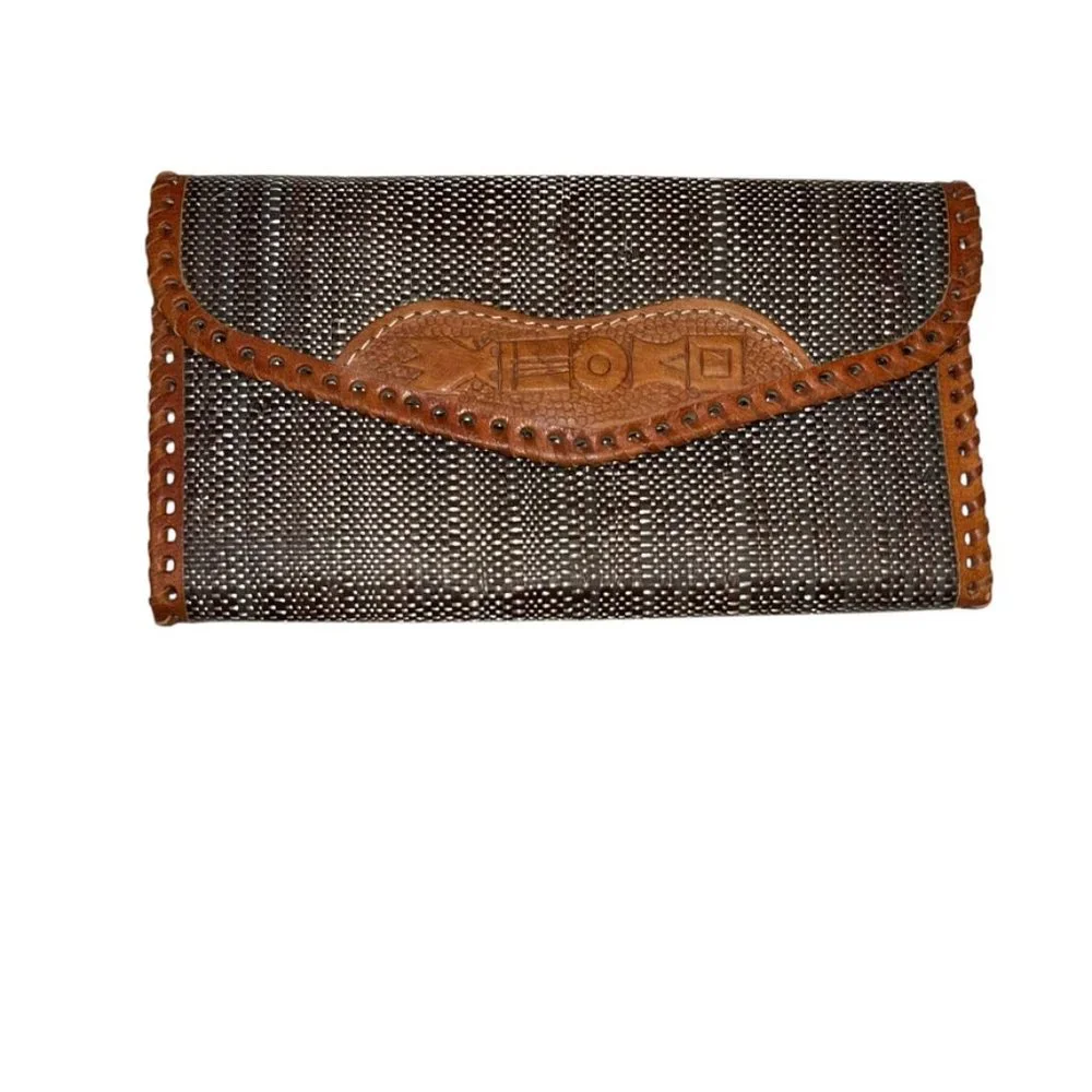 vintage handsome as new tooled leather woven straw wallet